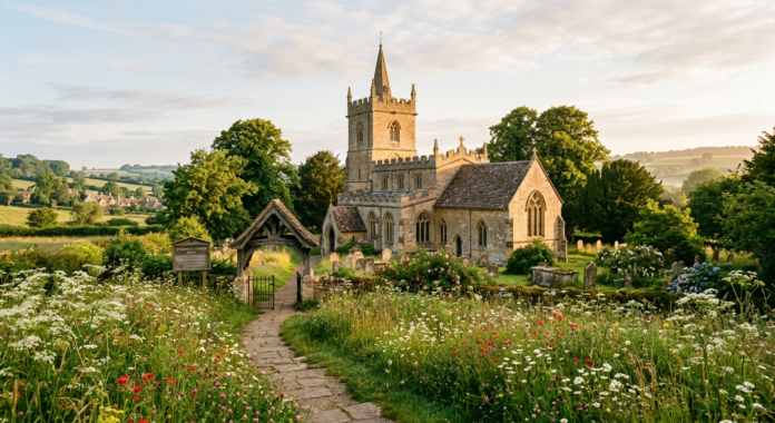 A historic stone church in the Cotswolds countryside, venue for a royal wedding
