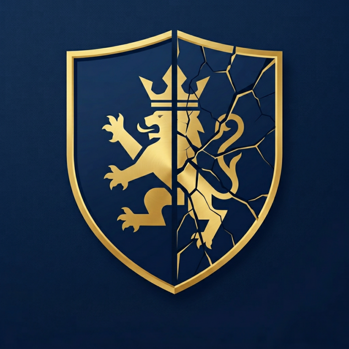 Editorial illustration of a heraldic shield split down the centre, one half polished and pristine, the other showing cracks, stark graphic style, navy and gold, modern minimalist