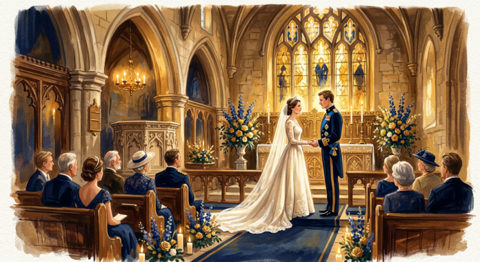 Illustration of elegant of a European wedding stone church