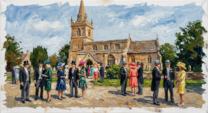 People waiting outside Peter Phillips and harriet Spierling's wedding Cotswolds