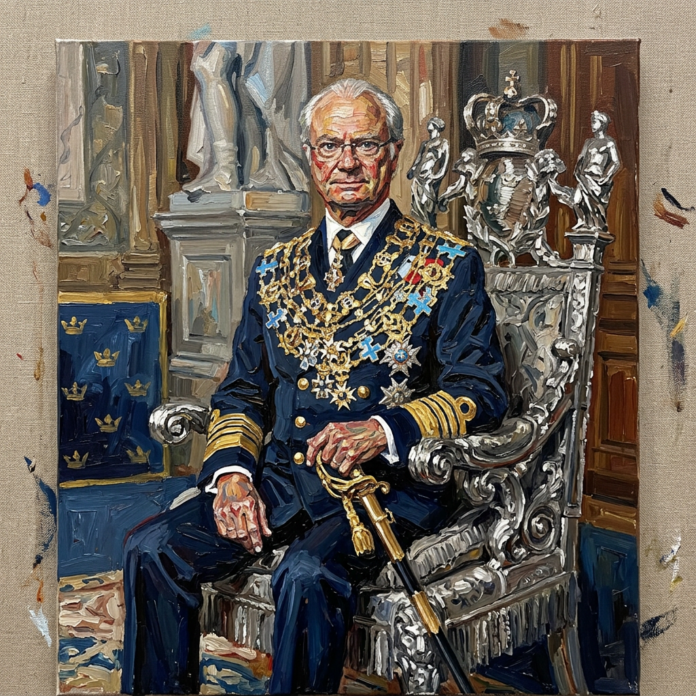 Firefly_Gemini-Flash_King-Carl-Gustaf-sitting-in-a-heavy-silver-chair-throne-i