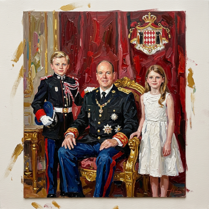 Prince-Albert-sitting-in-a-gold-chair-inside-palace-of-monaco-with-one-of-his-twin-