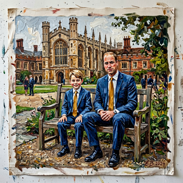 rince-George-and-Prince-William-wearing-blue-suits-with-gold-ties-sitting-on-a-bench
