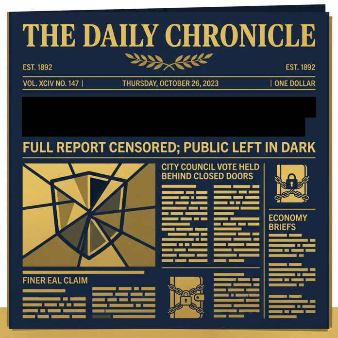 tark graphic editorial illustration of a newspaper front page with a blacked-out