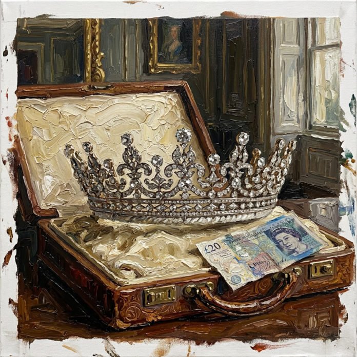 Oil-painting style illustration of the Girls of Great Britain and Ireland Tiara beside a banknote, representing its history as a royal and public symbol