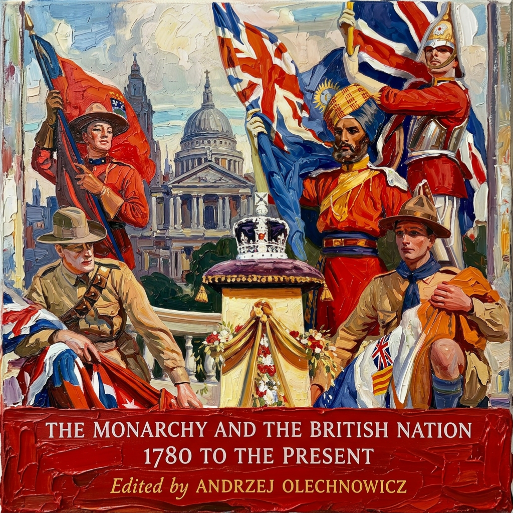 Painted portrait cover of The Monarchy and the British Nation edited by Andrzej Olechnowicz